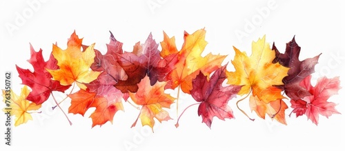 A group of vibrant watercolor maple leaves in various shades of red, orange, and yellow, placed on a clean white background The leaves are arranged in a decorative manner, creating a captivating 