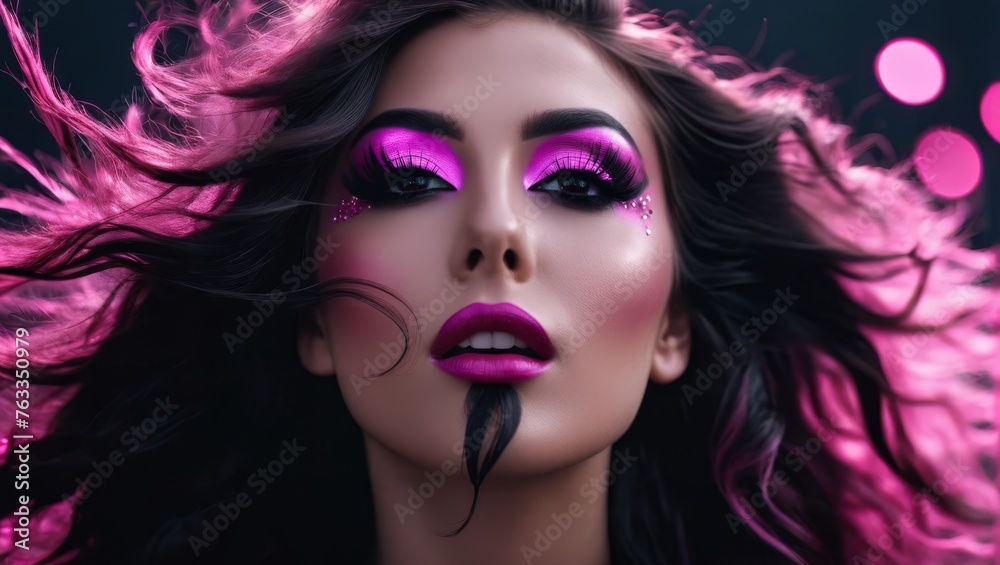 A close-up of a woman with long hair and bright pink eyeshadow, lit by pink lights against a dark background A close-up of a woman with long hair and bright pink eyeshadow, lit by pink lights against a dark background