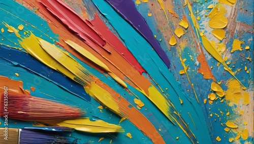  A blue and yellow paint-covered wall has several orange and yellow paintbrushes resting on top  with a group of paintbrushes nearby