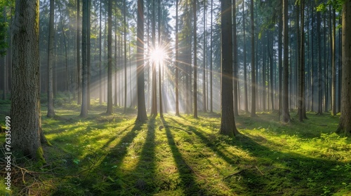 Forest panorama with sunbeams, high detailed picture, nature photography, 16:9 © Christian