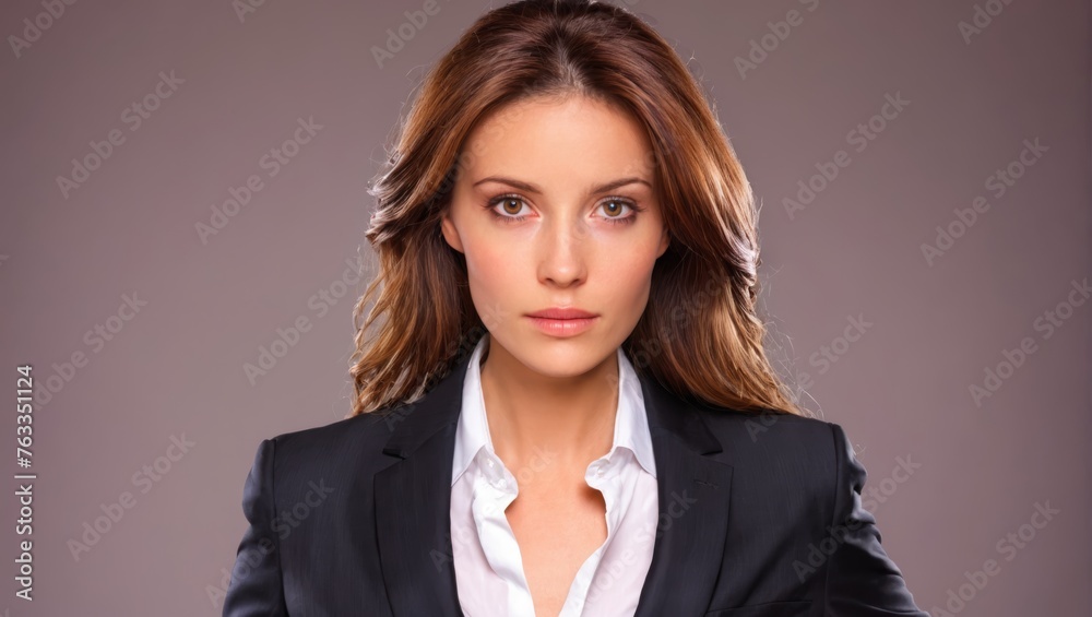 A woman in a black suit and white shirt, with hands on hips and a serious expression A woman in a black suit and white shirt, with hands on hips and a serious expression