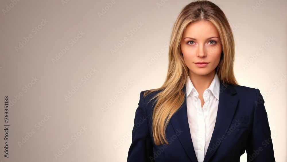 A professional woman, dressed in a business suit, with a stern expression, standing still, arms tucked in pockets, for photo shoot A professional woman, dressed in a business suit, with a stern expression, standing still, arms tucked in pockets, for photo shoot