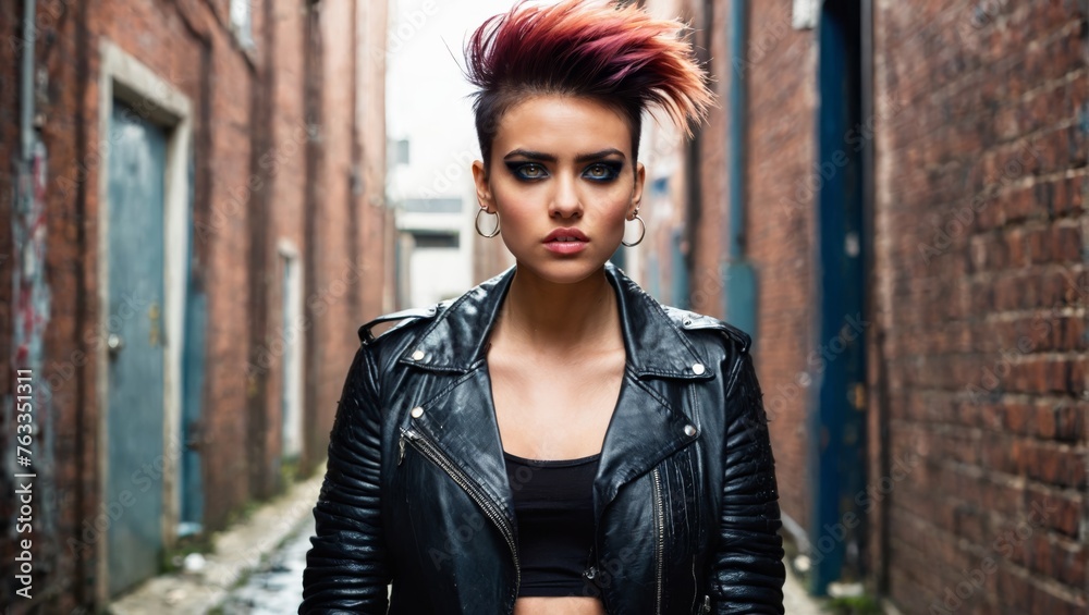 Obraz premium A female wearing red hair, accessories and a leather jacket stands in an alley