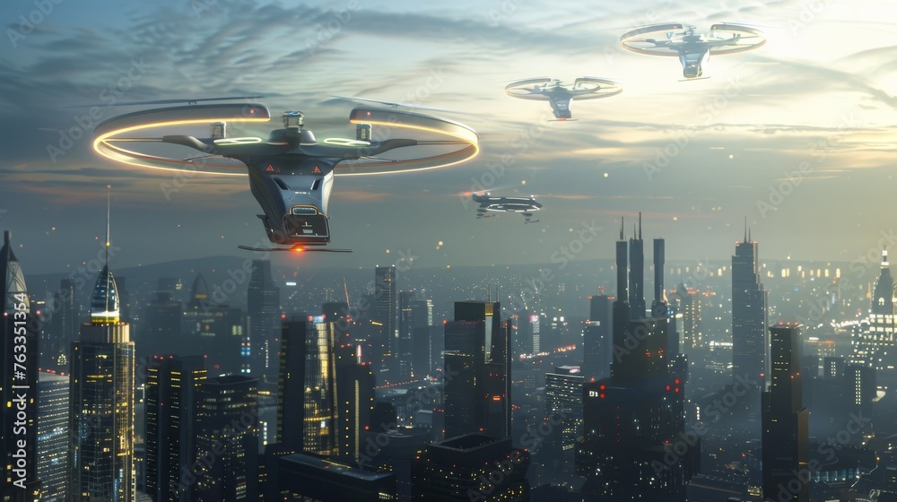 Futuristic drones fly above a cityscape at dusk, their lights blending with the urban glow, signaling a new era of urban air mobility. Futuristic drones fly above a cityscape at dusk, their lights blending with the urban glow, signaling a new era of urban air mobility.