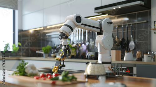 A robotic arm meticulously arranges food on a cutting board in a stylish kitchen setting, highlighting the fusion of robotics with culinary arts.