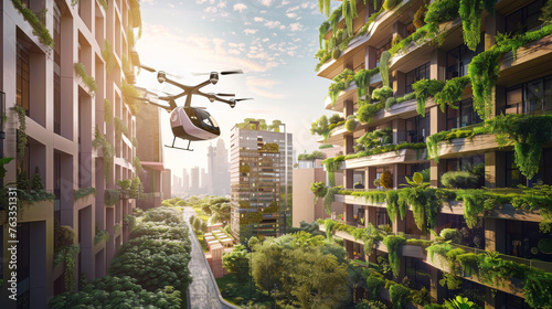 An eco-friendly electric air taxi hovers above a verdant sustainable urban environment, illustrating a vision of future city living.