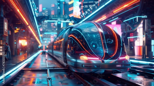 Sleek, futuristic train arrives at a vibrant, neon-lit station, evoking the dynamic pulse of a high-tech metropolitan transit system.