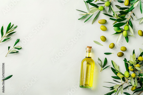 bottle with olive oil with olives and leaves isolated on white background