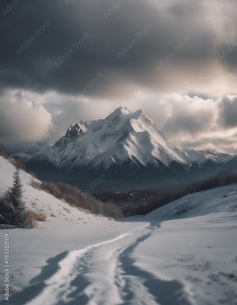 Mountain covered in snow under a cloudy sky Mountain covered in snow under a cloudy sky