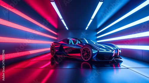 Futuristic car in a neon-lit corridor