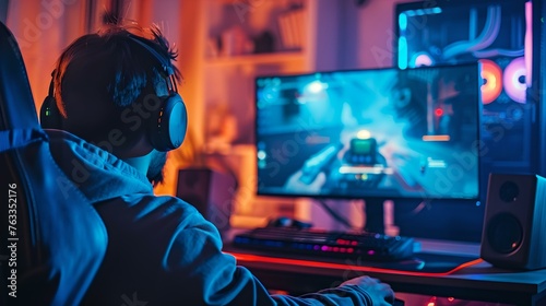 Focused gamer playing an intense online game at night. neon lights illuminate the room. a glimpse into the esports lifestyle. fun  competitive gaming session. AI