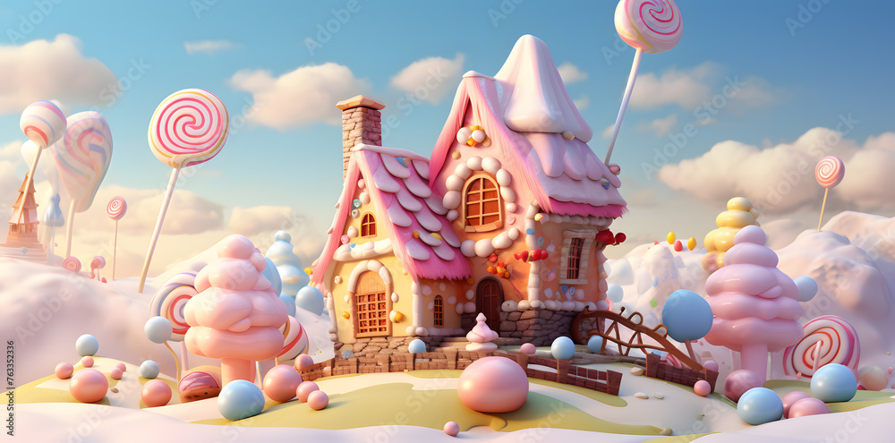 Cute gingerbread house in pastel colors with lollipops and candy clouds in Cartoon style. Fantasy scene Cute gingerbread house in pastel colors with lollipops and candy clouds in Cartoon style. Fantasy scene