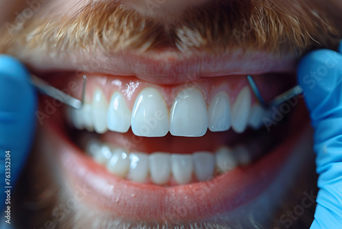 Close-up. Beautiful white teeth man on a review of the dantist photo