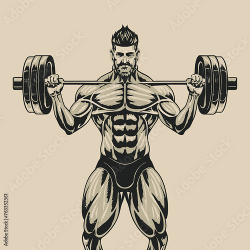red white black modern style minimalist lines of a strong muscle pose strong body builder anatomy man at gym with bundle Doing exercises in all body positions using different gym equipment