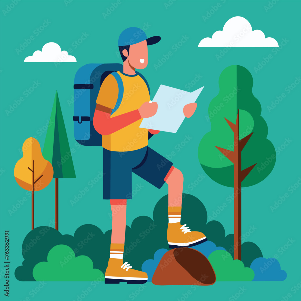 tourism, forest, map, walk, hiking, camp, tent, fire, camping, recreation, vacation, illustration, vector, art