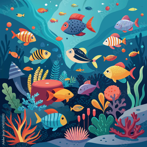 underwater world, fish, water, blue, colorful, wet, corals, depth, house, sea, ocean, reptiles, illustration, vector, art