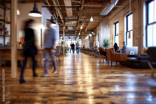 Busy Open Office Space with Wooden Floors and Lots of Natural Light, People Walking Through