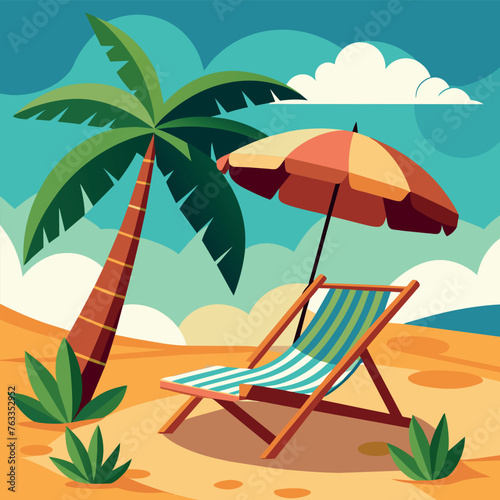 Fototapeta Naklejka Na Ścianę i Meble -  sea, water, palm tree, sun lounger, umbrella, sand, sky, rest, ocean, beach, deck chair, vector, illustration, art, bright, juicy