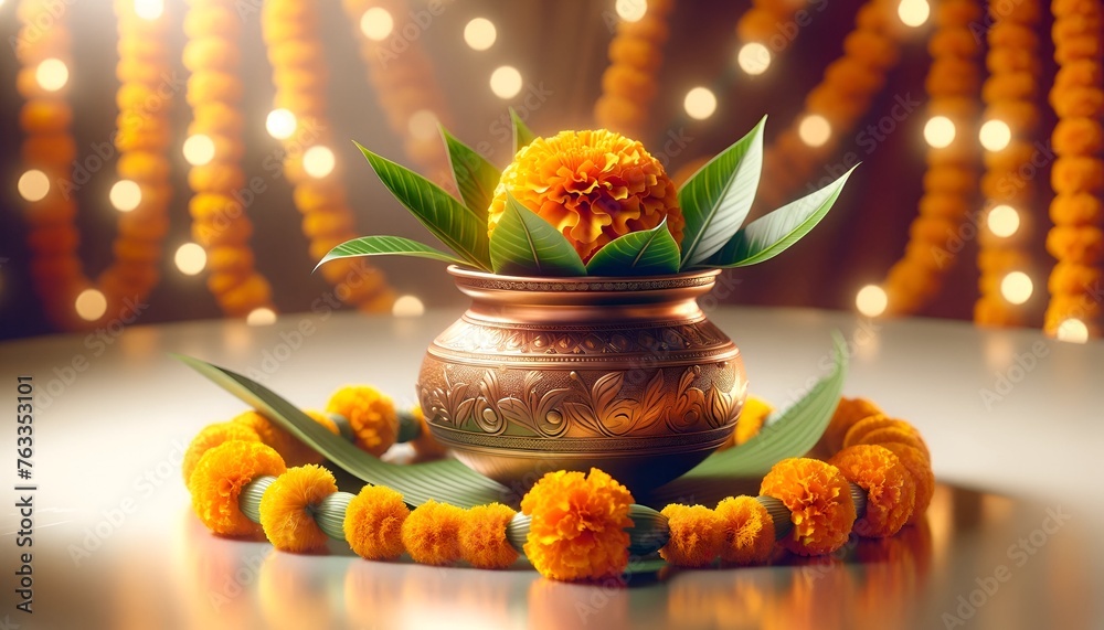 Realistic background for ugadi with a elegant pot and beautiful arrangement. - obrazy, fototapety, plakaty 