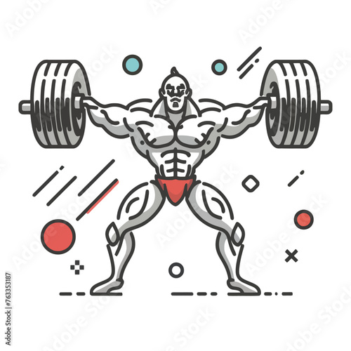 red white black modern style minimalist lines of a strong muscle pose strong body builder anatomy man at gym with bundle Doing exercises in all body positions using different gym equipment