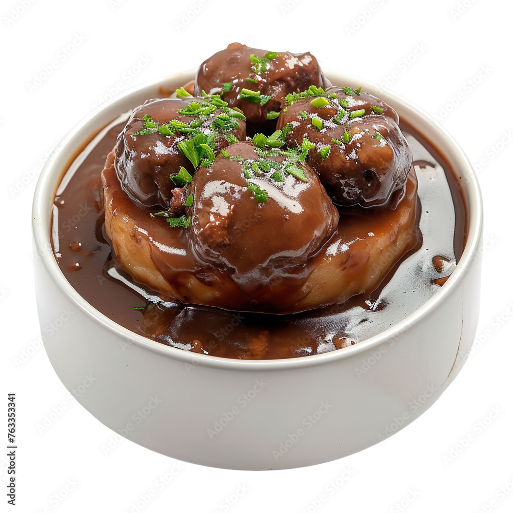 front view of Kidney Pudding with lamb kidneys in a rich gravy encased in a steamed suet pudding