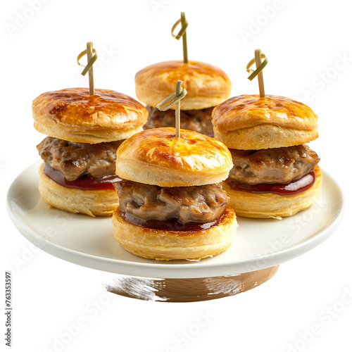 front view of Melton Mowbray Pork Pie Sliders with mini versions of the iconic pork pie,  isolated on a white transparent background. photo