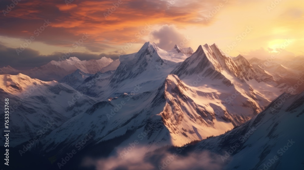 Majestic Mountain Range Silhouetted Against a Sunset Sky