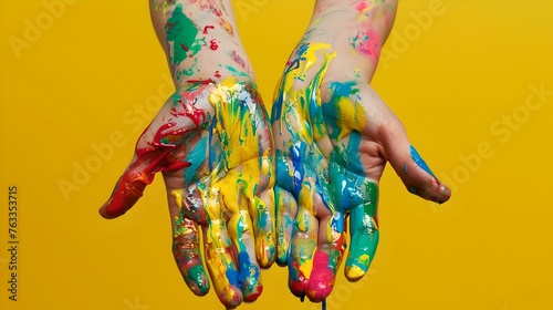 Vibrant paint-splattered hands against yellow background, symbolizing creativity and art. perfect for art projects promotion. AI