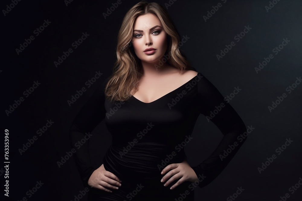 Beautiful emotional plus-size female model in a black bodysuit posing on background in studio Beautiful emotional plus-size female model in a black bodysuit posing on background in studio