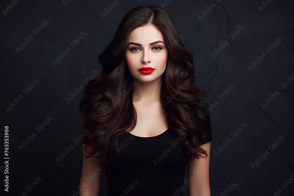 beautiful brunette is long hair in black dress and red lipstick . Girls want to see you in full growth beautiful brunette is long hair in black dress and red lipstick . Girls want to see you in full growth