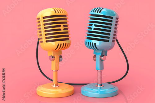 Microphones Vintage Jaune et Bleu sur un Fond Rose 
