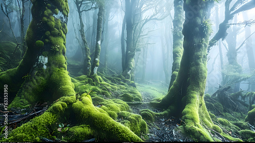 Enchanting mist shrouding the moss-covered trees along Routeburn Track trail near McKenzie Hut, Fiordland National Park, South Island, New Zealand photo