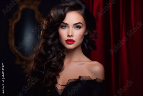 a woman with long hair and red lips is posing in front of a red curtain.