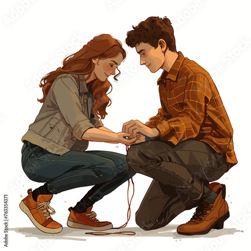 Couple Crouching To TIe Her Shoe Illustration