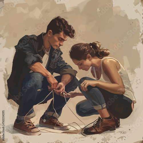 Couple Crouching To TIe Her Shoe Illustration