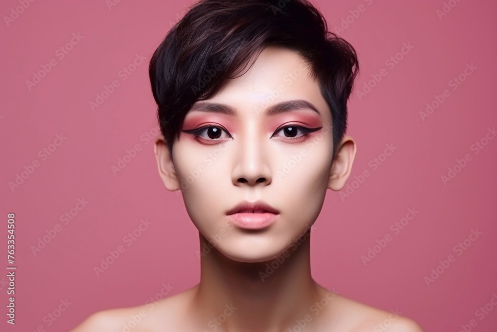 crossdressing with make up studio portrait of asian young transgender or transvestite man, lipstick, fashionable, ideal as web banner or in social media, copy space for text crossdressing with make up studio portrait of asian young transgender or transvestite man, lipstick, fashionable, ideal as web banner or in social media, copy space for text