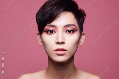 crossdressing  with make up studio portrait of asian young transgender or transvestite man, lipstick, fashionable, ideal as web banner or in social media, copy space for text photo