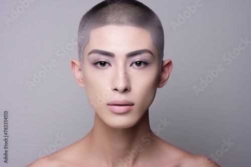 crossdressing  with make up studio portrait of  asian young transgender or transvestite man, lipstick, fashionable, ideal as web banner or in social media, copy space for text photo