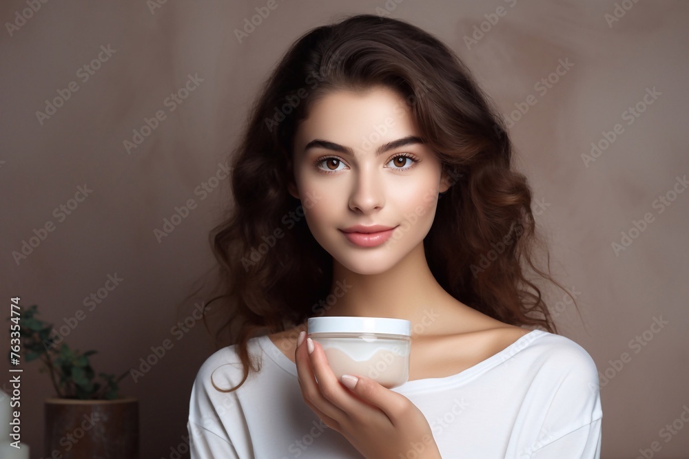 A brunette girl with clean skin holds a glass jar with face cream in her hand A brunette girl with clean skin holds a glass jar with face cream in her hand