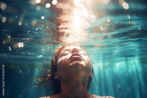 a woman swimming under water with the sun shining on her face