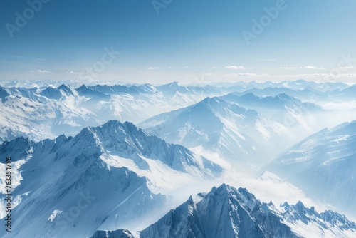A breathtaking aerial view of the Alps  with snow-covered peaks stretching as far into the distance as one can see This scene captures nature s grandeur Generative AI