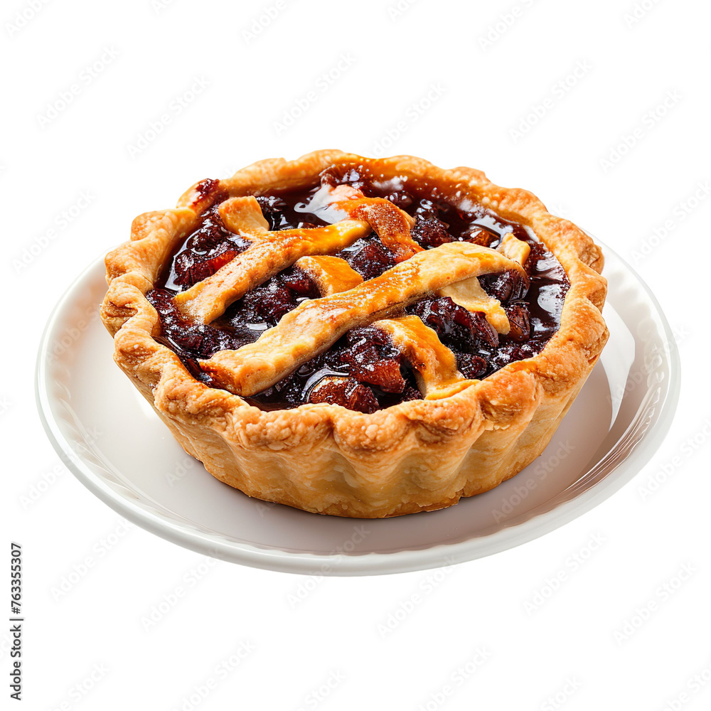 front view of Mince Pie with a buttery pastry crust filled with spiced mincemeat, served on a classic British mince pie plate, isolated on a white transparent background. front view of Mince Pie with a buttery pastry crust filled with spiced mincemeat, served on a classic British mince pie plate, isolated on a white transparent background.
