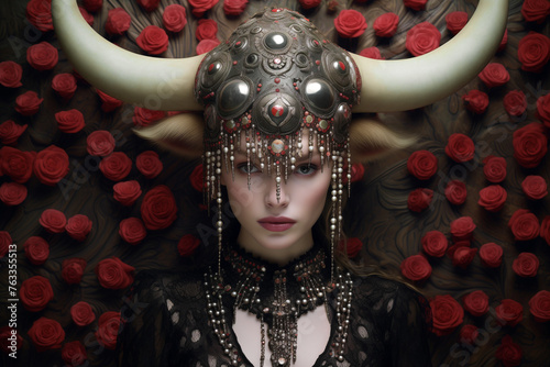 A portrait of a young white woman wearing a horned metal helmet decorated with beads. A pretty lady in a ceremonial costume surrounded by flowers participating in a religious ritual. AI-generated