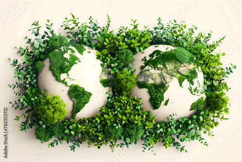 2 terres en 3D avec les continents composés de diverses plantes et feuillages verts sur un fond clair photo