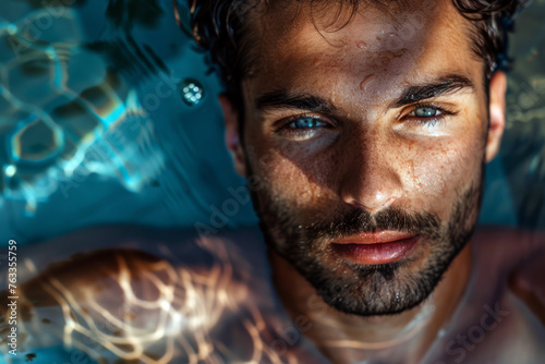 Close-up portrait of a handsome young man in a swimming pool.