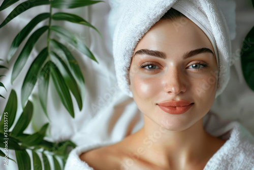 Beautiful young woman with a towel on her head and in a spa salon