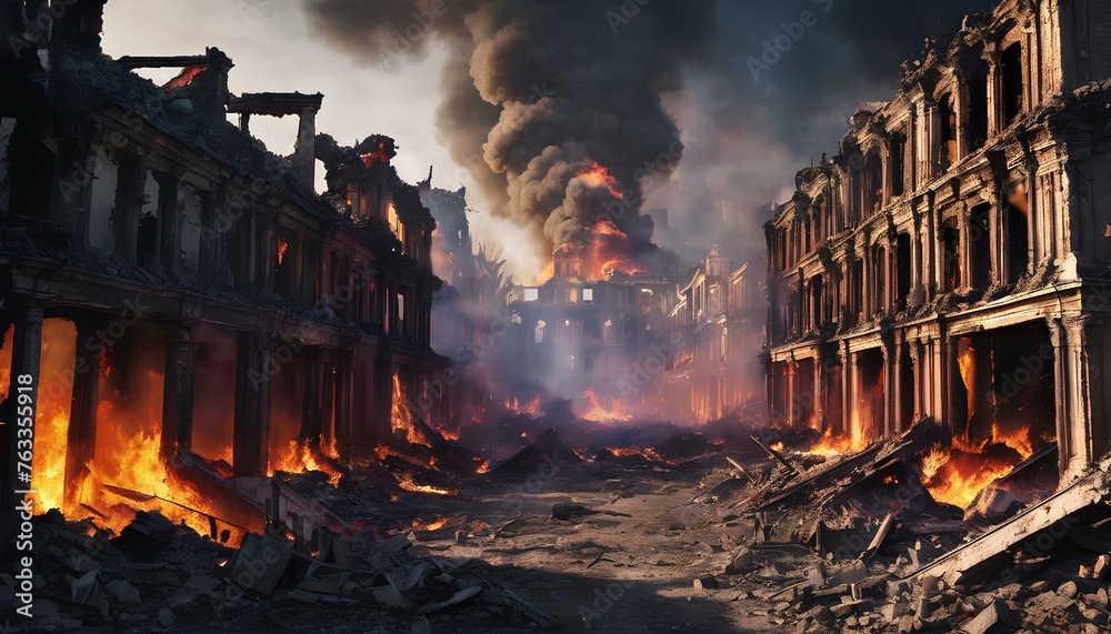 illustration of a city destroyed and burned due to war. Image created using AI generative tools illustration of a city destroyed and burned due to war. Image created using AI generative tools