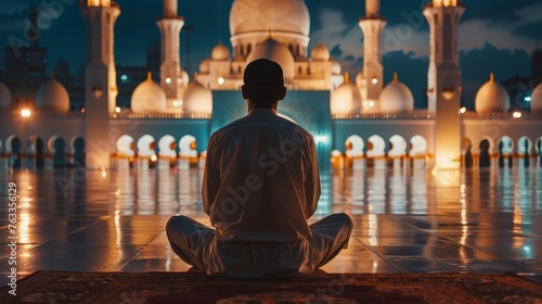 Muslim man reciting quran in the night in beautiful mosque