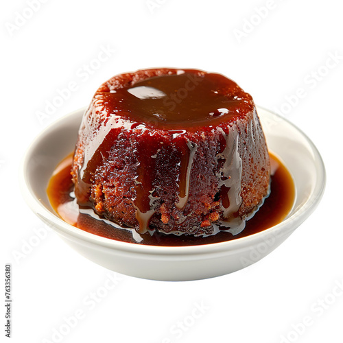 front view of Sticky Toffee Pudding with a moist date sponge and a rich toffee sauce, served in a classic British pudding bowl,isolated on a white transparent background. photo