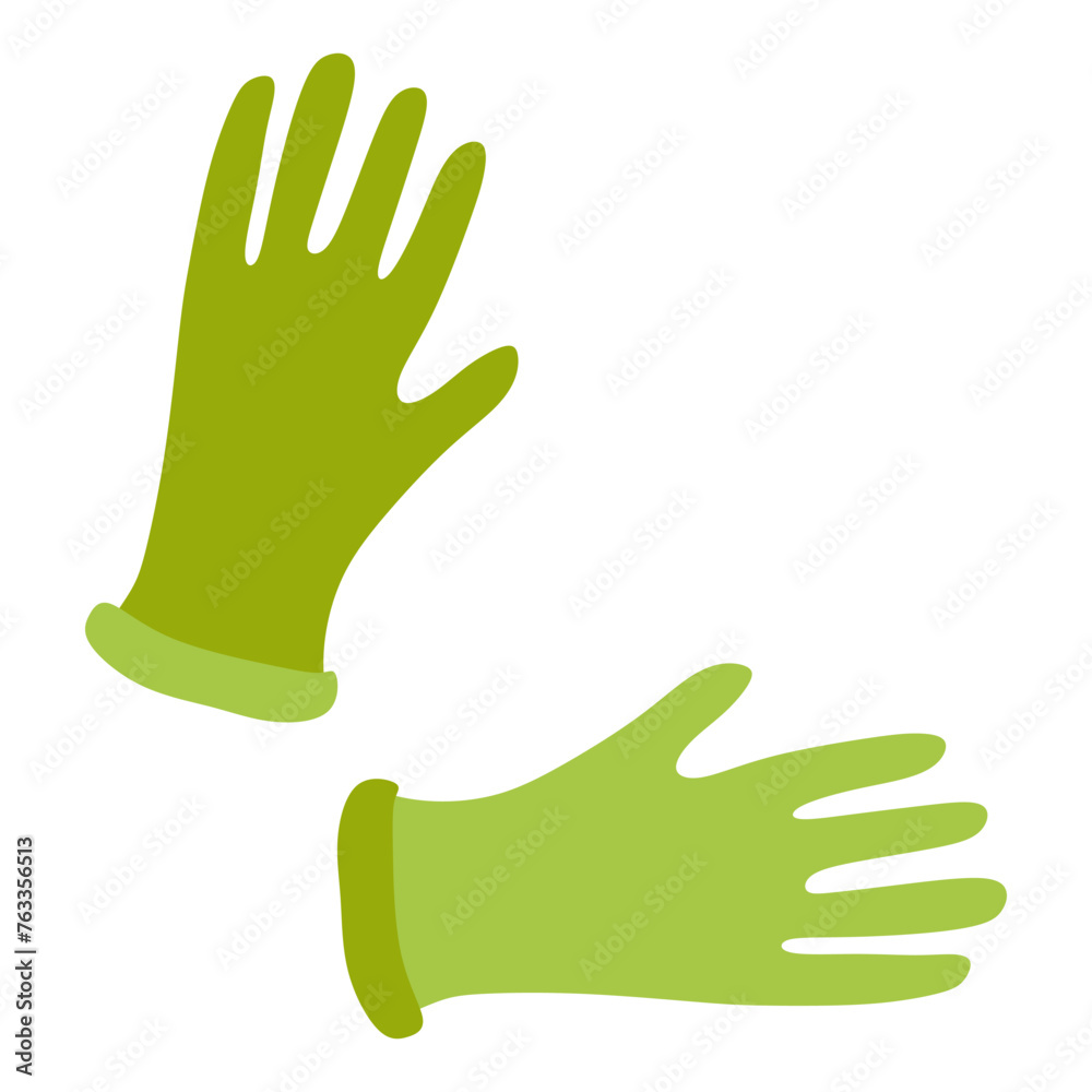 Obraz premium Rubber Cleaning or Gardening Protective Gloves. Flat Vector illustration Isolated on White. Latex Glove for Housework, Household, Medical concept. Cartoon Design object, Green Color Pair.